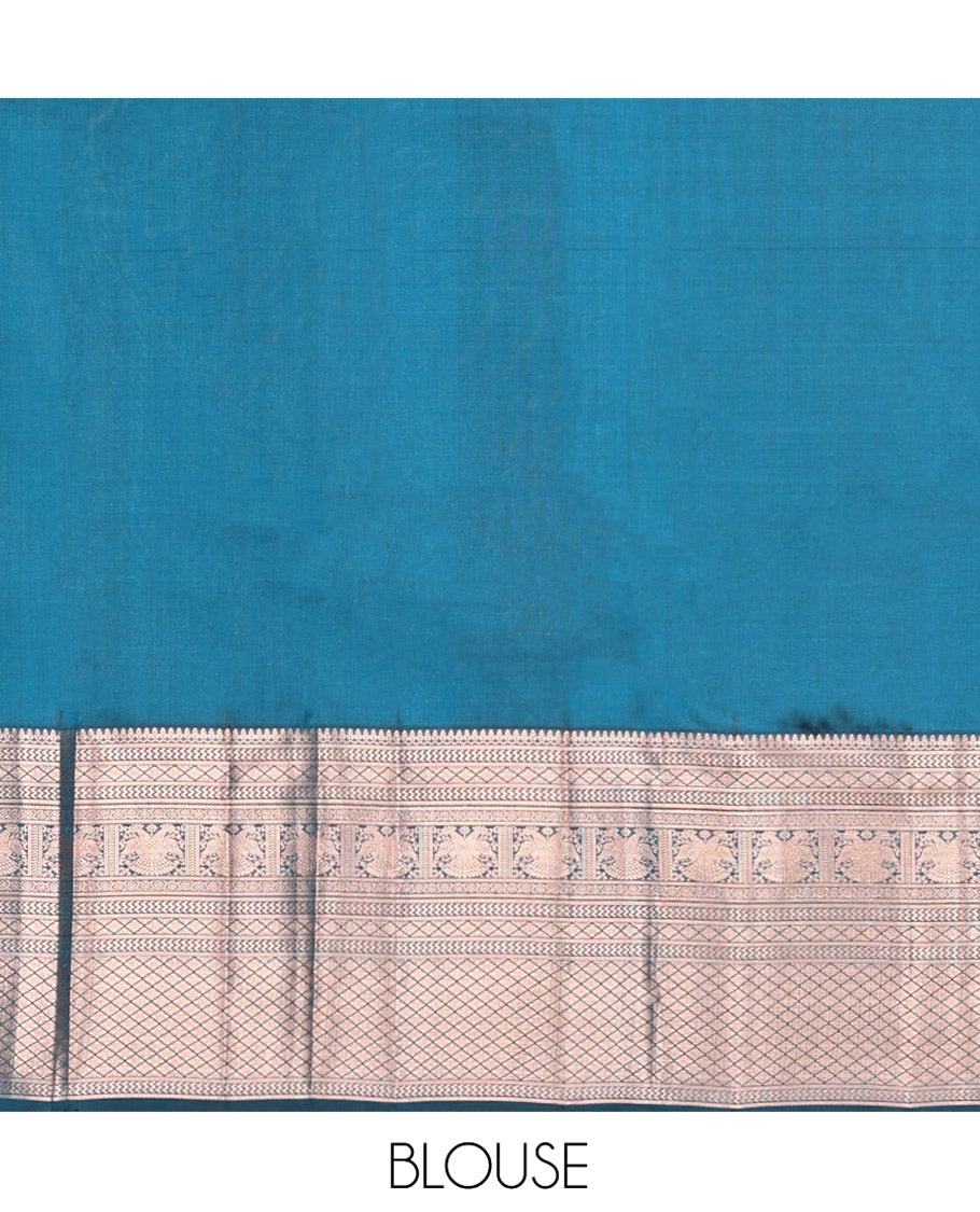 Blue Kanchipuram Wedding Silk Saree, Gracefully Embellished with Jacquard Design on Its Body, Highlighted by Zari Border of Thilakam Mokku, Vanki, Jaal, and Yaali Designs, Grand Jaal Pallu, and Paired with a Matching Blouse