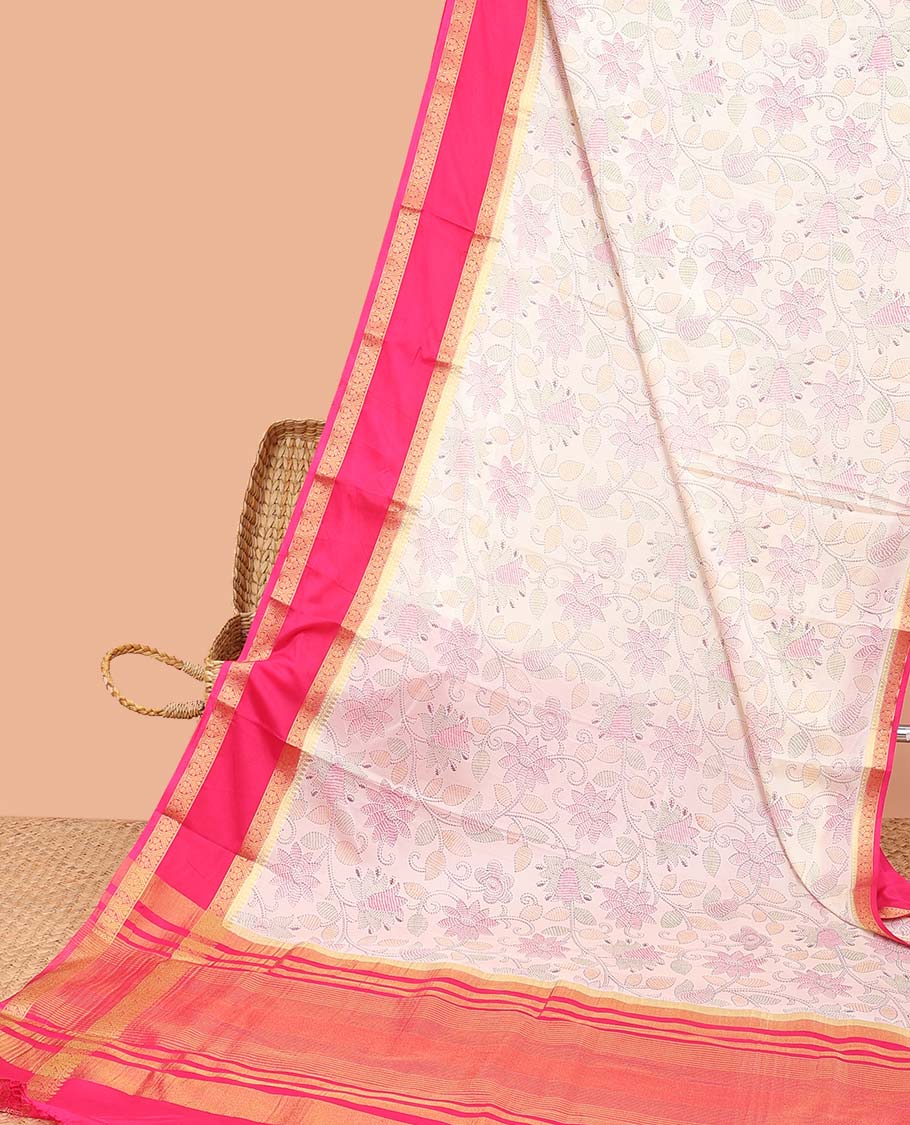 Baby pink madhubani-style floral vine semi-banaras printed saree, contrast traditional design border & striped pallu