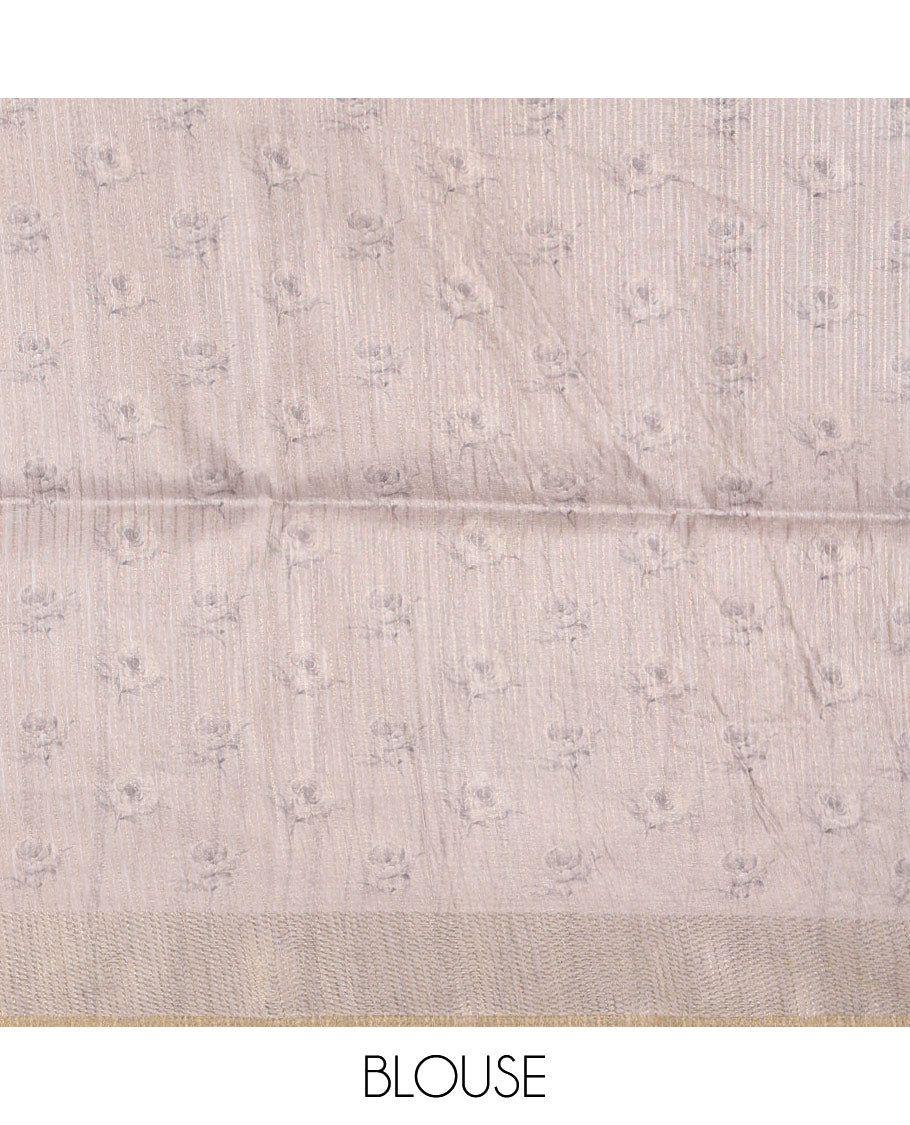 Grey floral-leaf printed fancy tussar silk saree, zari woven border & zari striped pallu & matching stripes & floral printed blouse