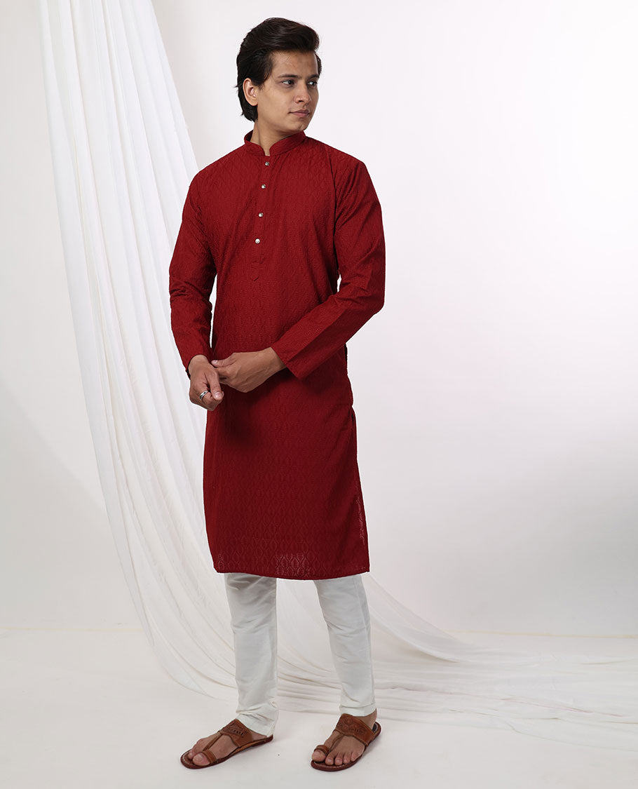 Red ogge design thread embroidery mandarin collar & full-sleeve long raw silk kurta