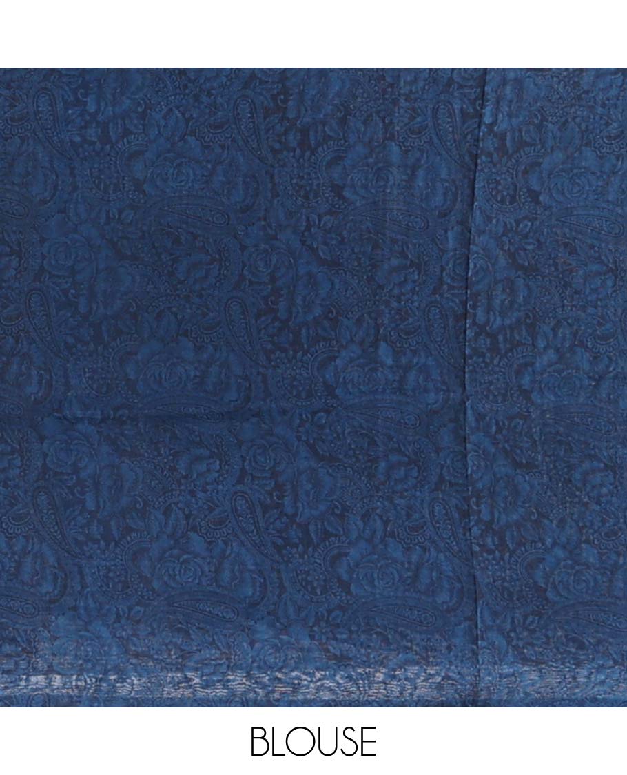 Dark blue leaf design printed silk saree with contrast intricate design border & floral design pallu