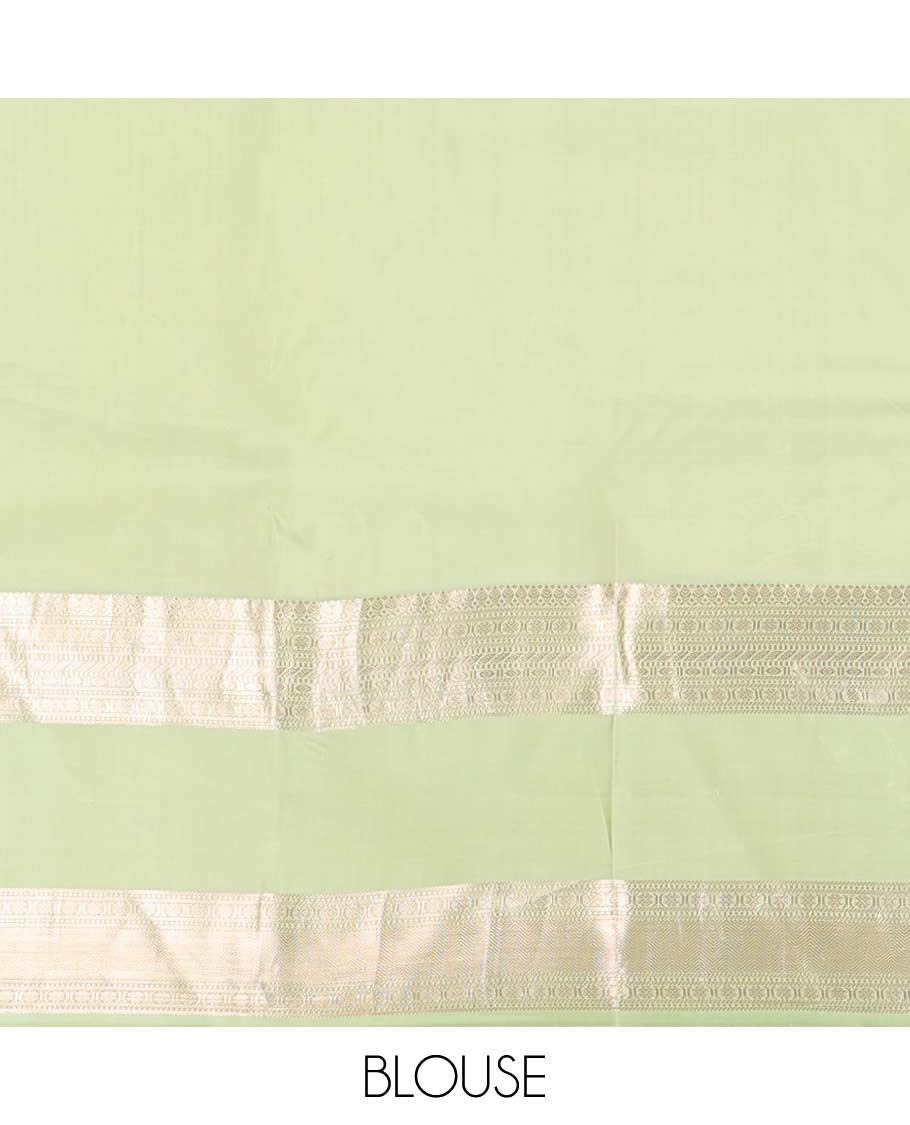 Red buttas silk saree with contrast korvai border of rekk, paun, muthu design & floral design pallu