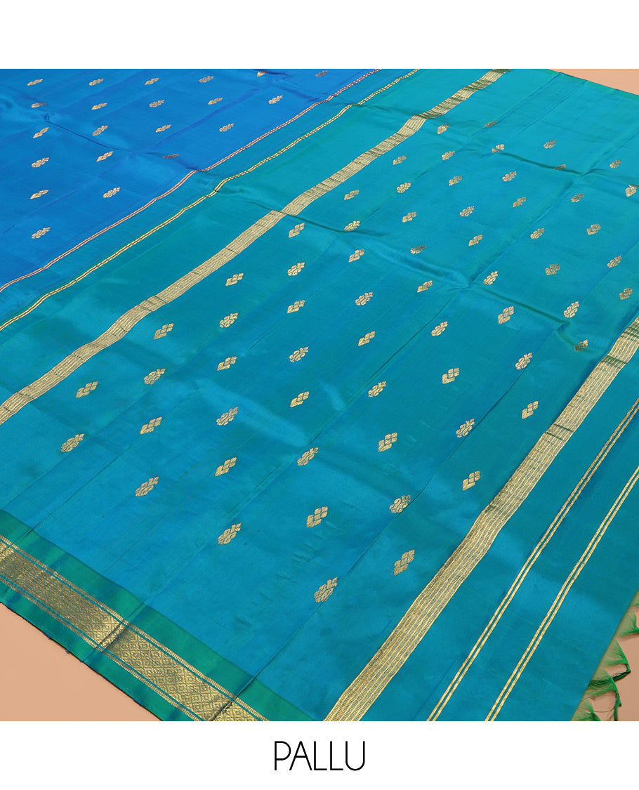 Blue Kanchipuram Silk Saree, Woven with Zari Buttas, a Contrast One-Sided Border of Banaras, and Mayil Kann Designs, Zari Design Pallu, and No Blouse