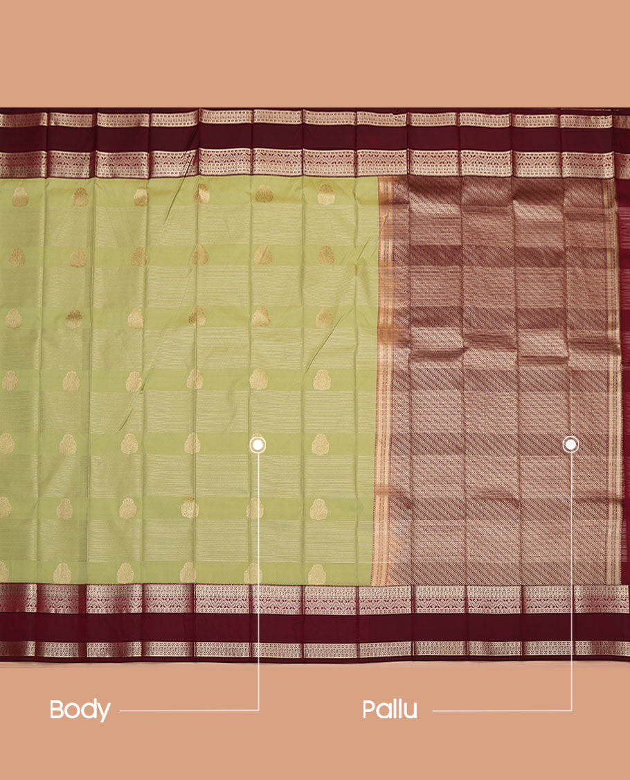 Green Budget Silk Saree, Dazzled with Zari Buttas and Stripes All Over Its Body, Complemented by a Contrast Traditional Zari Design Border, Contrast Pallu of Diagonal Designs, and Paired with a Contrast Blouse