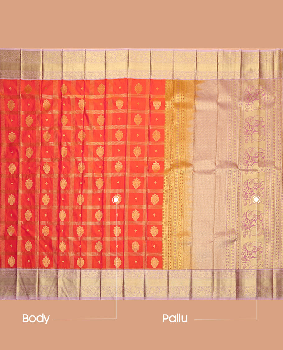 Orange Budget Silk Saree, Majestically Detailed with Zari Butta Enclosed Checked Design on Its Body, Complemented by a Contrast Traditional Zari Design Border, Pallu of Peacock Design, and Paired with a Contrast Blouse