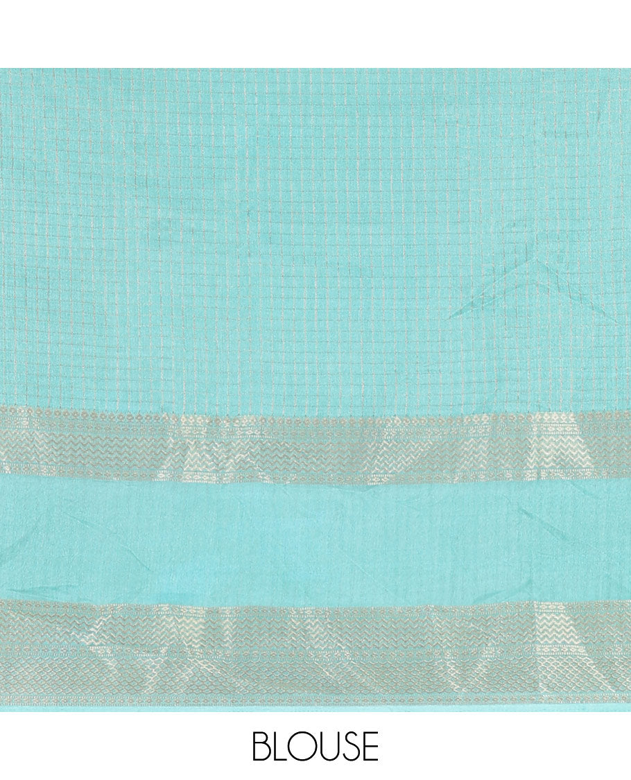 Navy blue zari checked moss milan saree, contrast traditional zari rettai pettu border, striped pallu, and contrast blouse