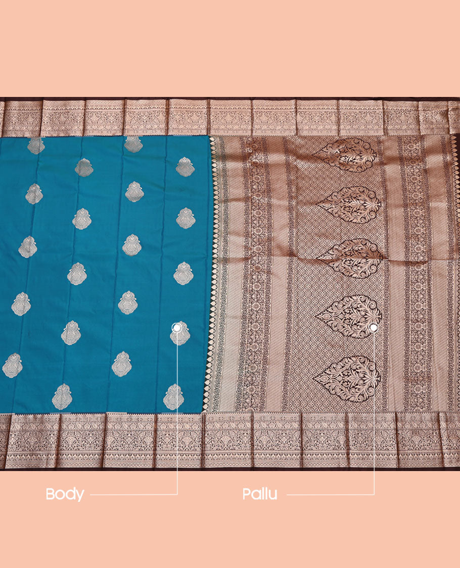 Blue Budget Silk Saree, Woven with Zari Buttas, Complemented by a Contrast Traditional Zari Border, Intricately Designed Pallu, and a Contrast Blouse