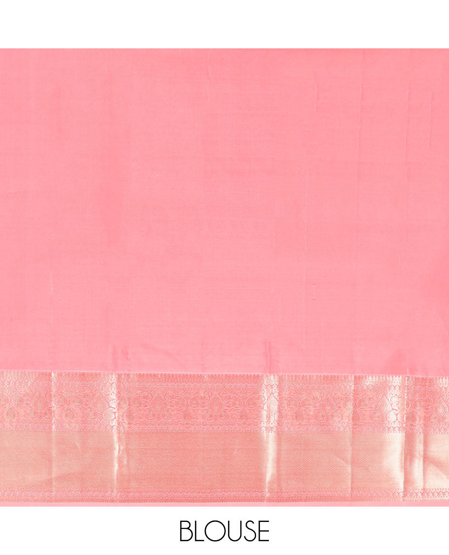 Peach floral jacqaurd kancheepuram silk saree with self intricate zari design border & floral design pallu