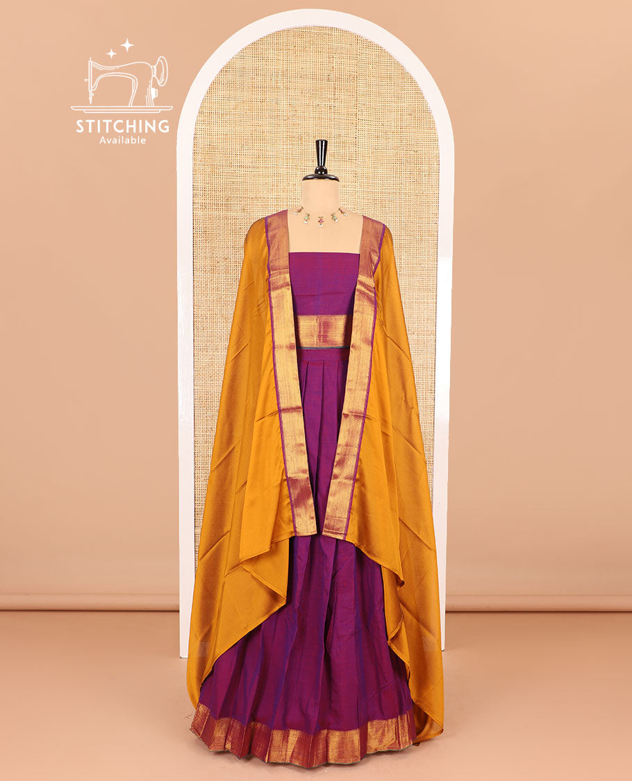 Purple half-saree, plain with contrast traditional zari border skirt, matching zari bordered blouse, and contrast plain zari border dhavani