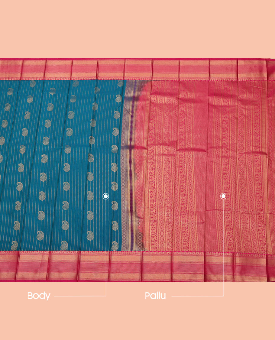 Blue Budget Silk Saree, Accentuated with Paisley Buttas and Stripes All Over Its Body, Complemented by a Contrast Traditional Zari Border, Grand Pallu, and Paired with a Contrast Blouse