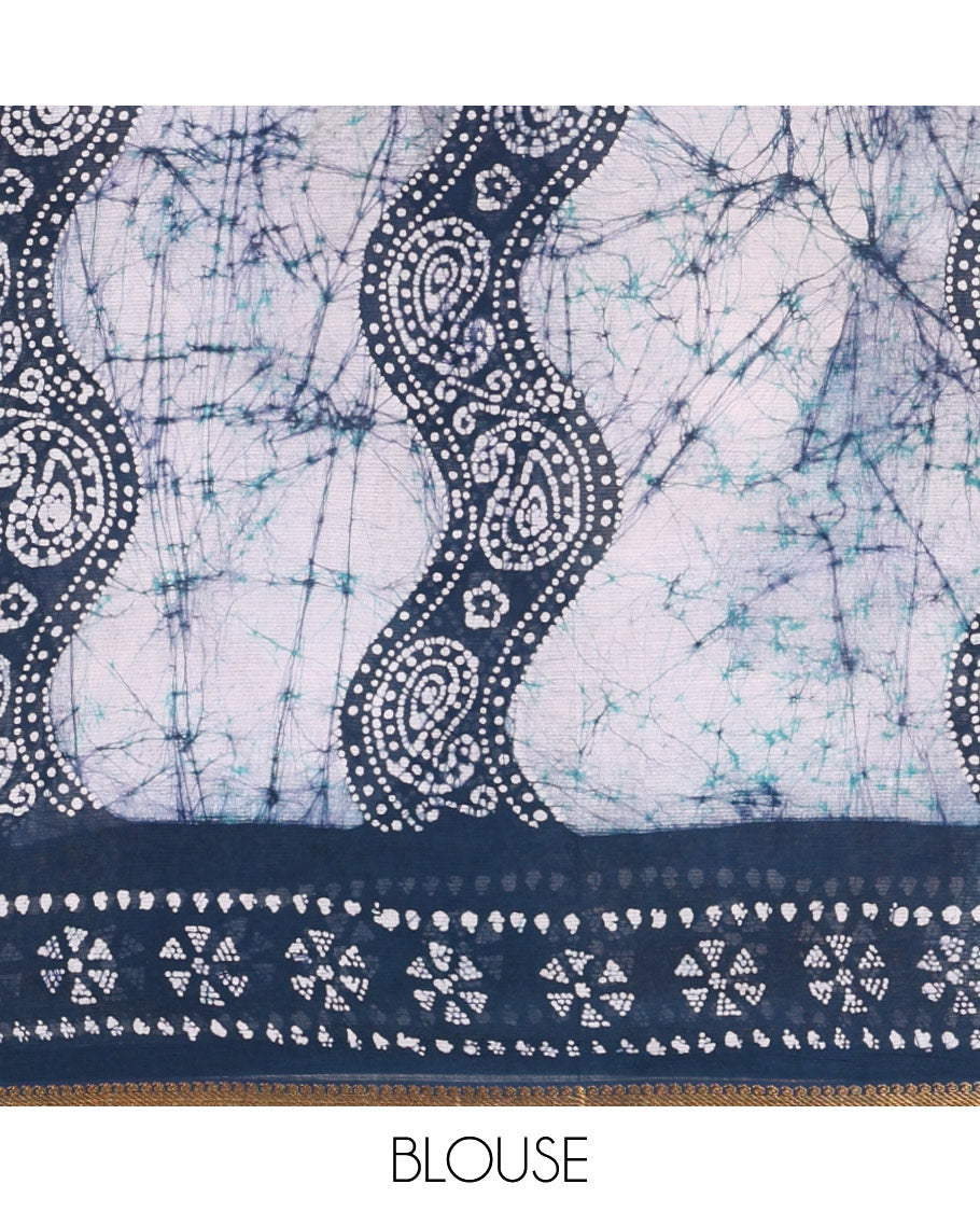 Blue batik-printed sungudi cotton saree, mango zari small border, batik-printed pallu & running blouse