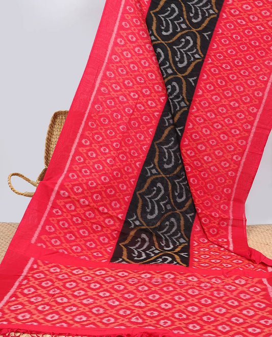 red and black argyle design ikkat cotton saree with self plain border & argyle design pallu