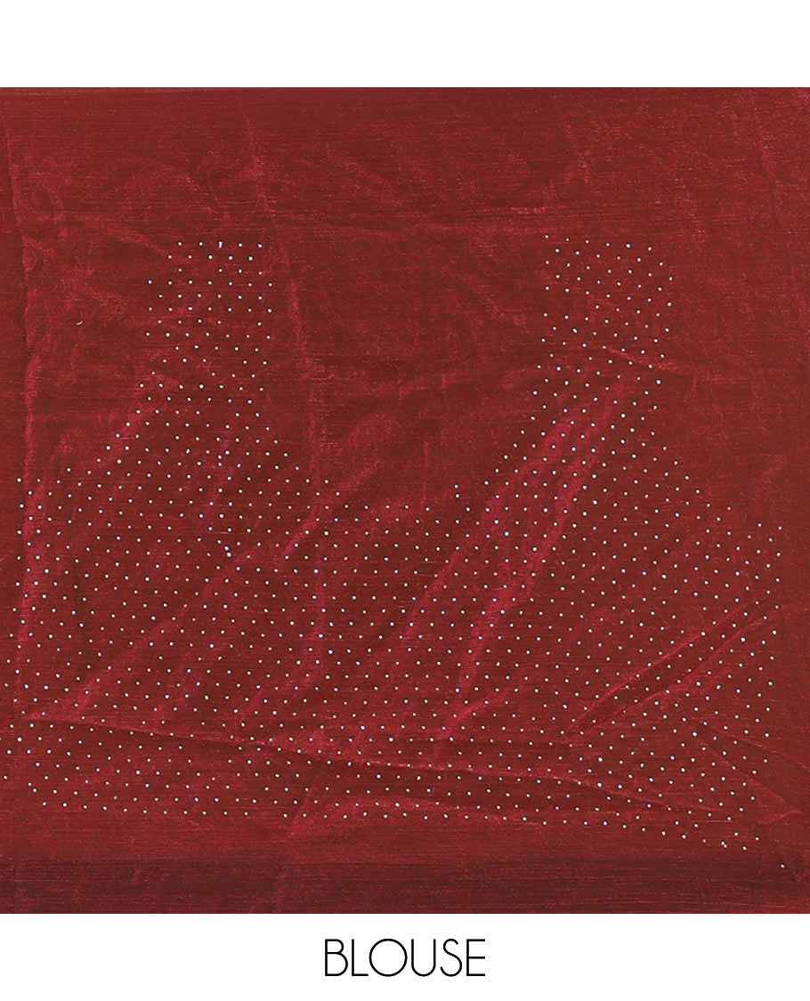 Maroon full-plain fendy chiffon saree, scallop swarovski stone work geometric border and contrast plain blouse