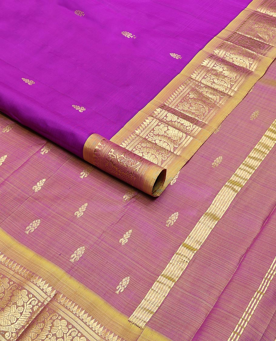 Violet floral design kancheepuram silk saree with contrast border of rekku, banaras , floral design & zari design pallu