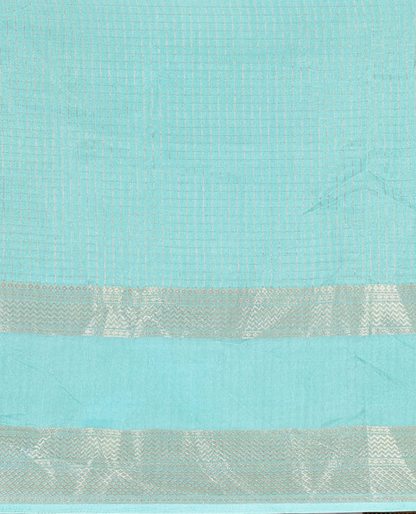 Blue Checked saree with contrast zari border and contrast striped pallu along with contrast blouse