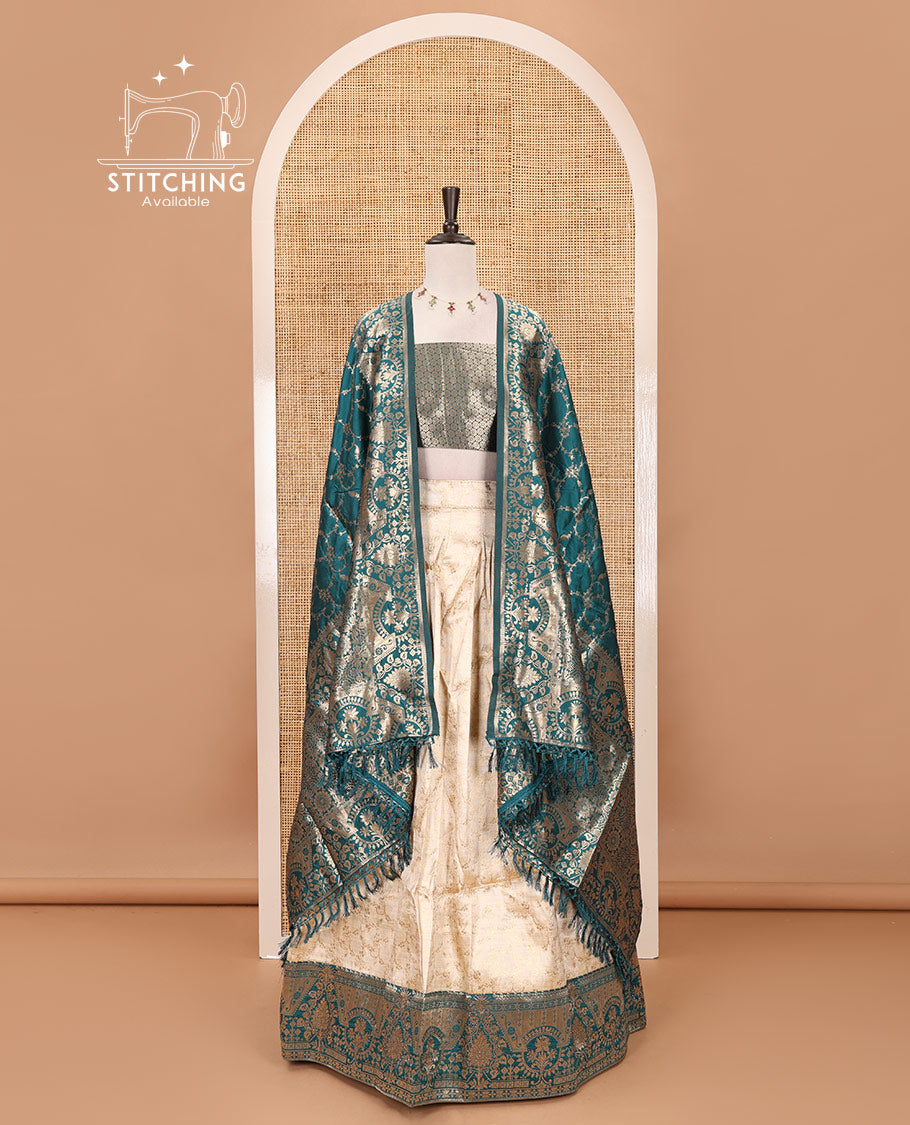 Cream-ramar blue semi-banaras half-saree, floral jaal jacquard & contrast traditional zari border skirt, floral jacquard blouse & contrast zari design blouse