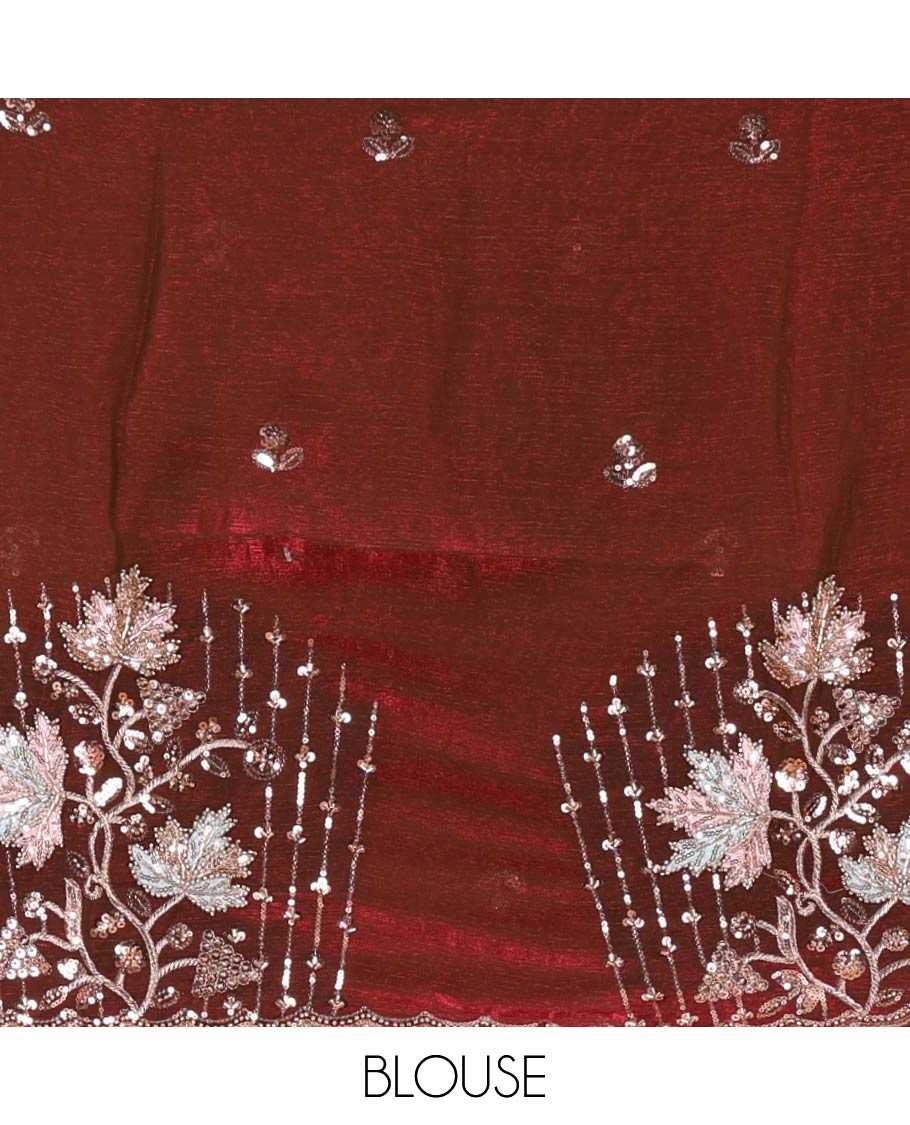 Purple Swarovski stone work embedded fendy-chiffon saree, scallop lace border & floral mixed embroidered blouse