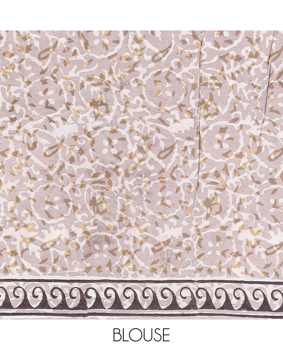Brown floral design machine printed kalamkari cotton saree with contrast wave design border & floral design pallu