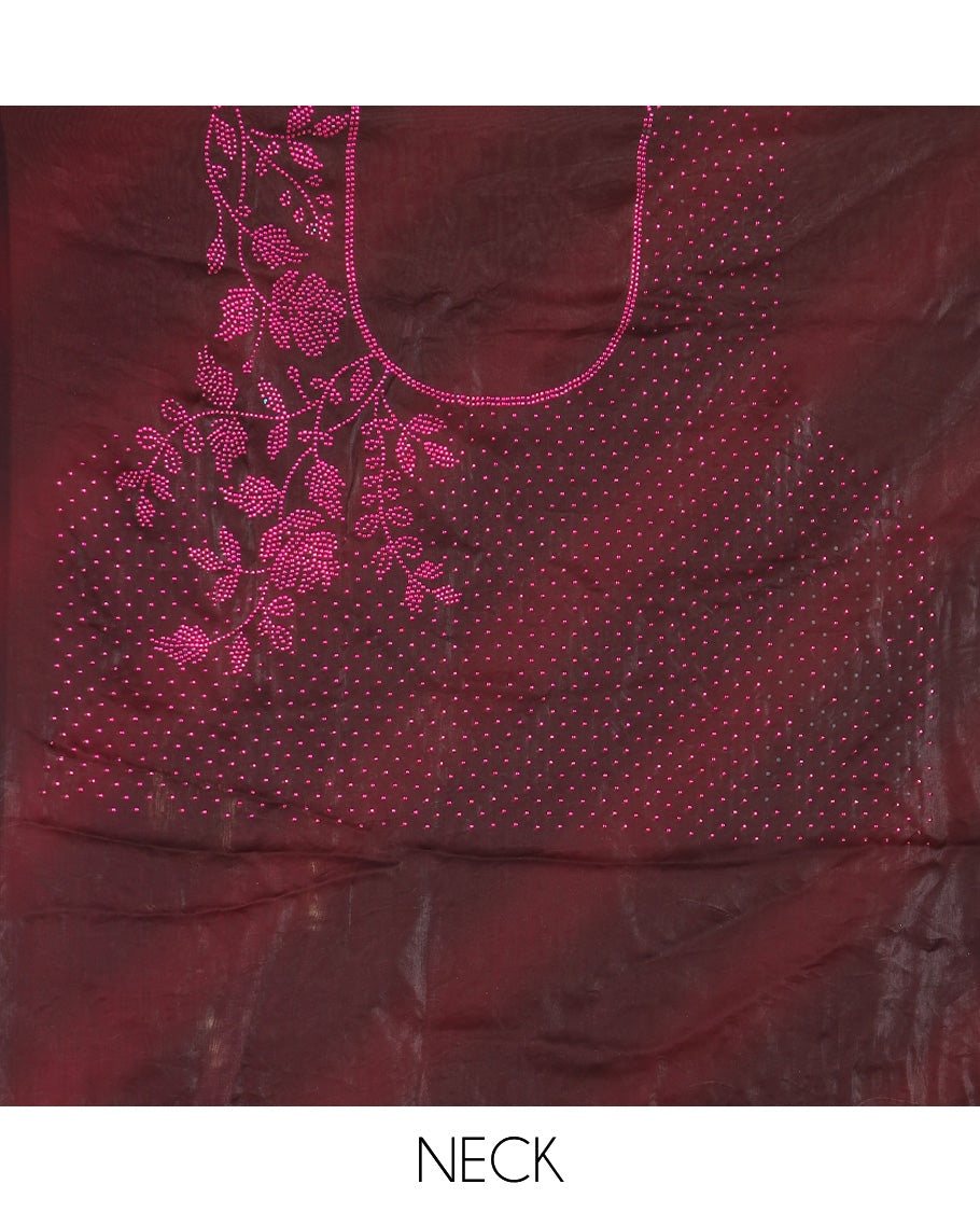 Magenta with pink digital printed fendi satin saree with swarovski stone , scallop border