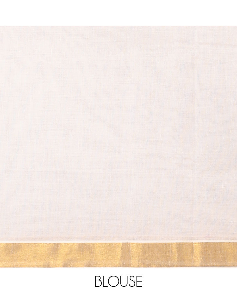 Cream kerala saree with zari stripes, zari border & pallu of peacock designs in zari
