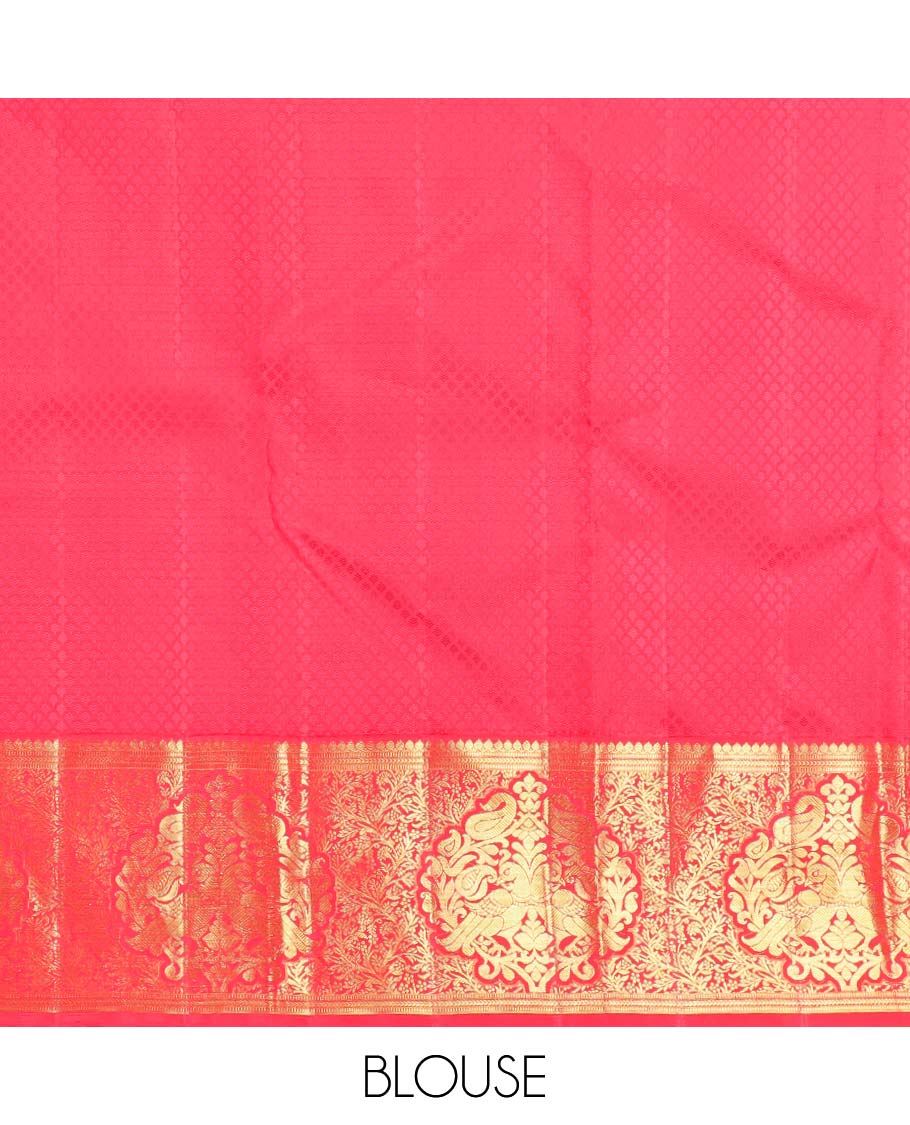 Peach jaal design silk saree with contrast border of thilakam mokku, muthu, banaras designs & floral design pallu