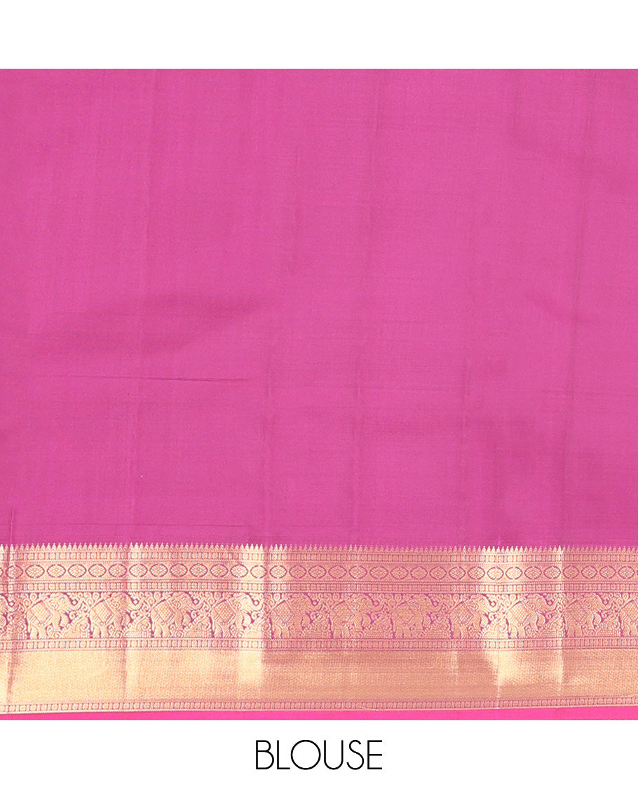 Pink Vasundhara Lite Silk Mix Saree, Mesmerized with Zari Buttas All Over Its Body, Complemented by Contrast Border of Rekku, Rudraksham, Laddu Kamalam, Yaanai, and Mayil Kann Designs, Grand Jaal Pallu and Paired with a Contrast Blouse