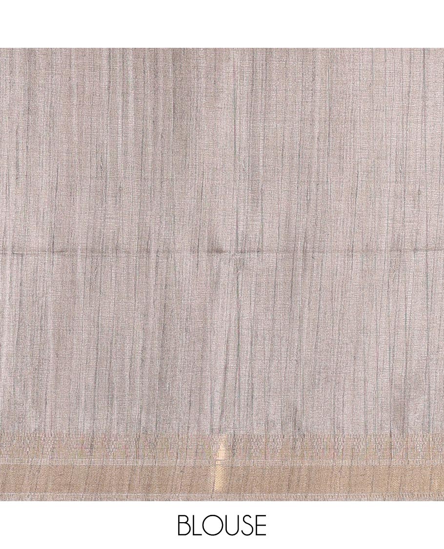 Fawn floral vine printed fancy tussar saree, zari temple border, floral printed pallu, and a matching zari woven blouse