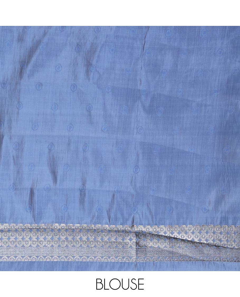 Blue buttas woven semi-tussar saree, zari border, geometric patterned pallu, and a matching blouse