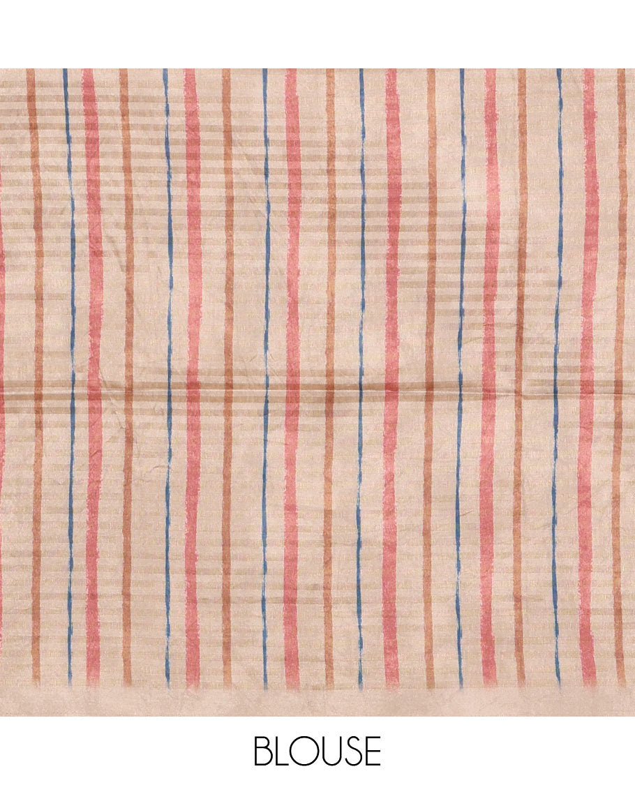Borderless chikku checked & stripes printed fancy tussar saree, contrast painting-style Indian woven motifs printed pallu & checked printed blouse