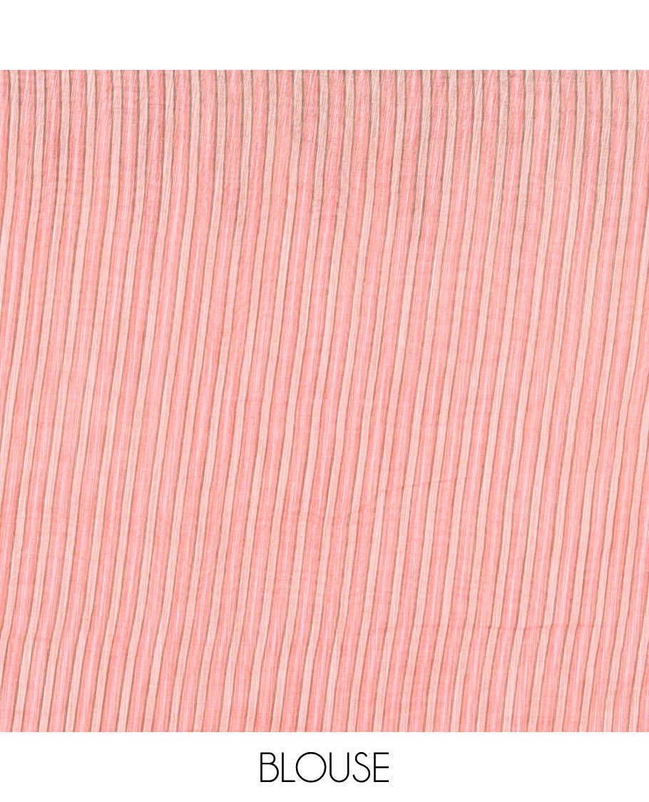 Peach small thread buttas linen cotton saree, contrast temple zari piping border, striped pallu and a contrast blouse