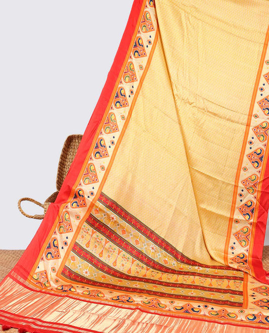 Yellow semi-banaras printed saree with contrast ikkat design border & pallu of intricate design