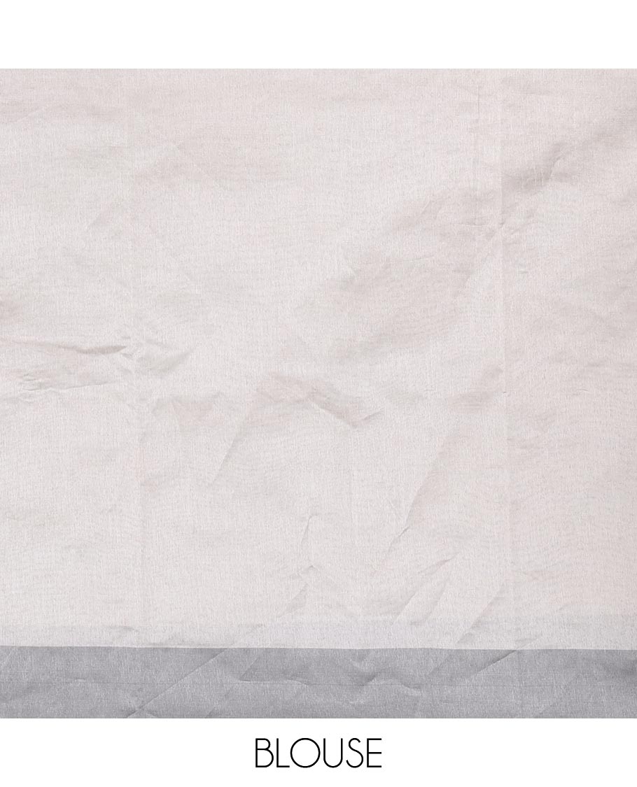 Half-white flower and flower pots motifs thread embroidered semi-tussar saree, contrast grey border, flower motif embroidered pallu, and a matching blouse