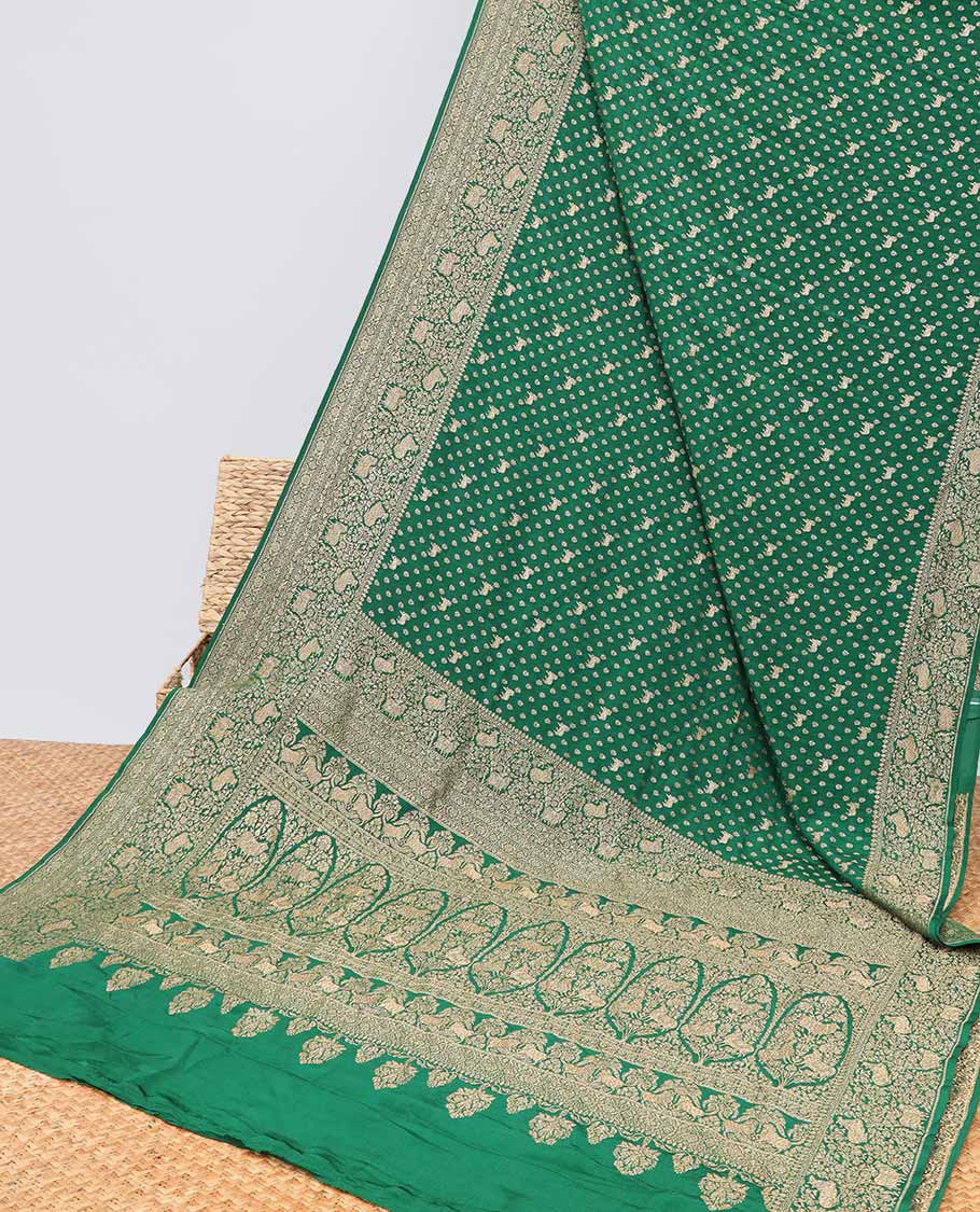 Green floral motifs banaras silk saree with self zari design border & intricate floral zari design pallu