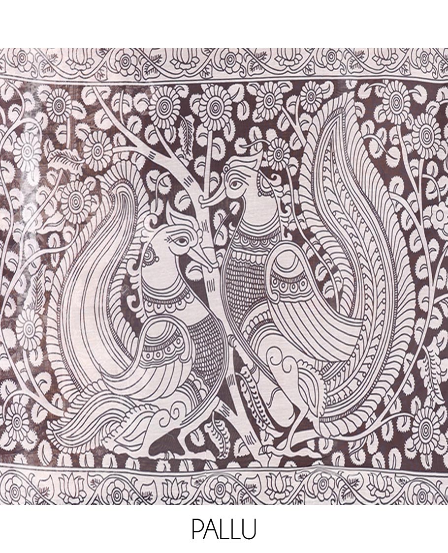 Black Chanderi Cotton Saree, Detailed with Kalamkari-Style Ancient Human Figurines Printed on Its Body, Subtle Zari Piping Border, Pallu Depicting Kalamkari Peacocks, and Paired with a Matching Blouse