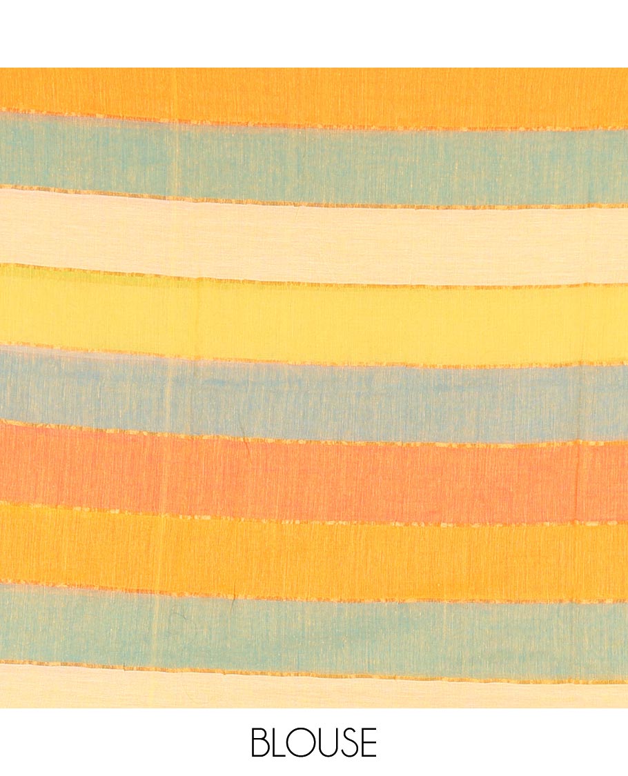 Cream rainbow-style striped Khadi mul cotton saree with piping zari border, and a matching zari striped blouse