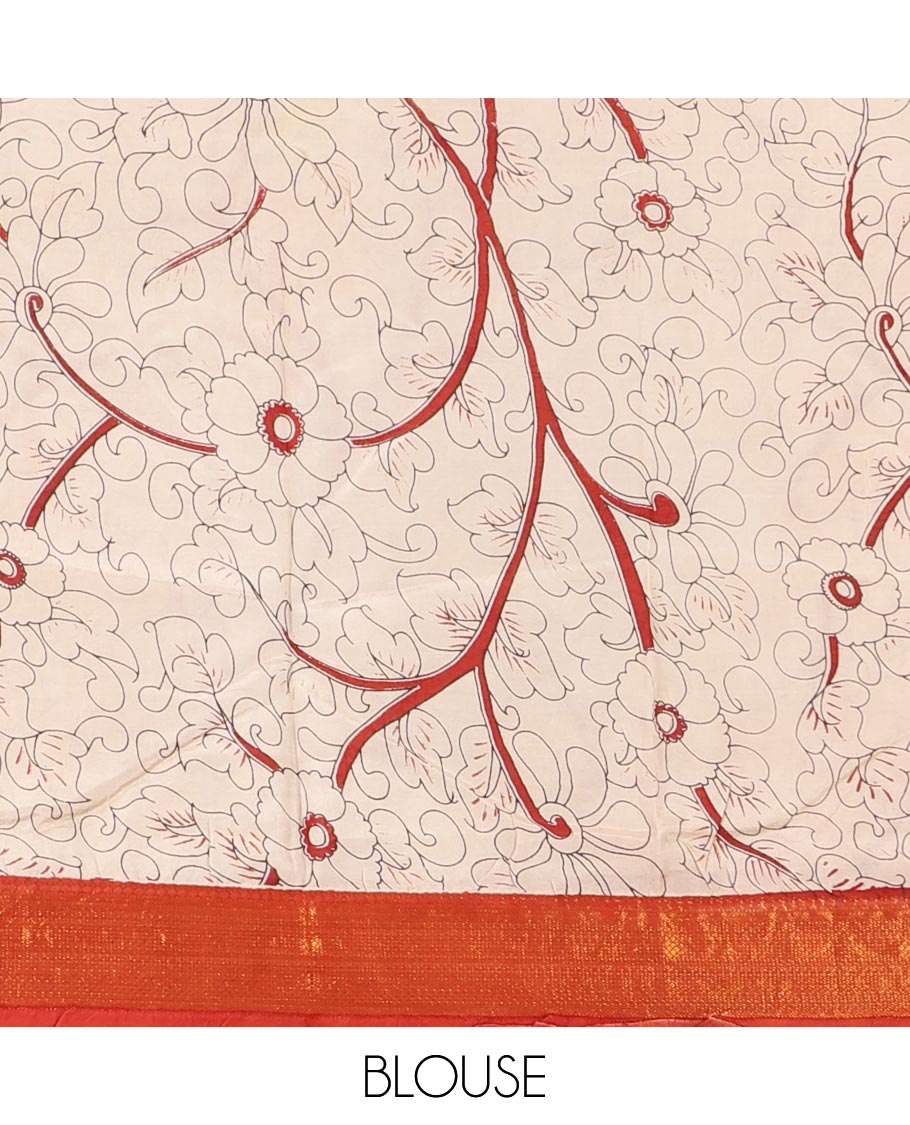 Maroon Pichwai cow, elephant, and Vinayagar motifs enclosed checked printed Mangalagiri cotton saree with contrast mayil kann zari borders, kalamkari printed pallu, and a floral vine printed blouse