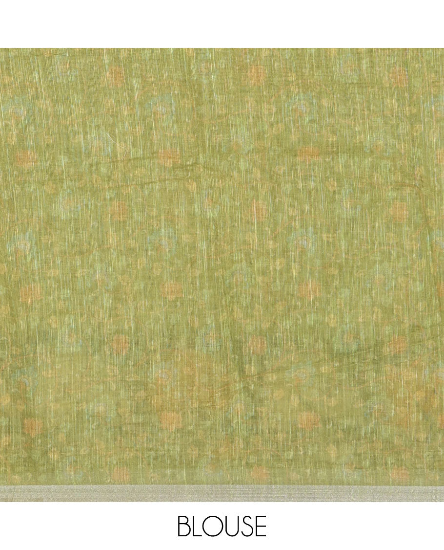 Green mirror thread embroidered linen saree, contrast kalamkari peacock printed border, pallu of kalamkari peacock and human figurines print, and printed blouse