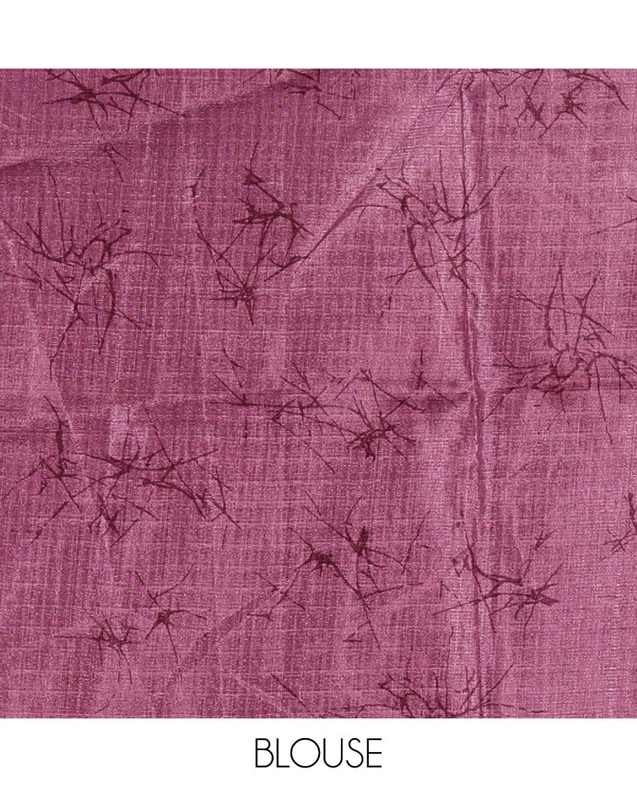 Borderless white-lavender batik-style floral big printed khadi cotton saree, purple batik printed blouse