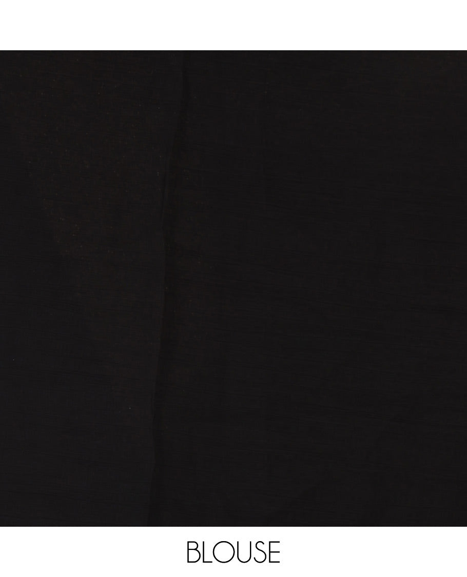 Borderless black floral motifs hand brush painted semi-organza saree comes with tasseled pallu and without blouse