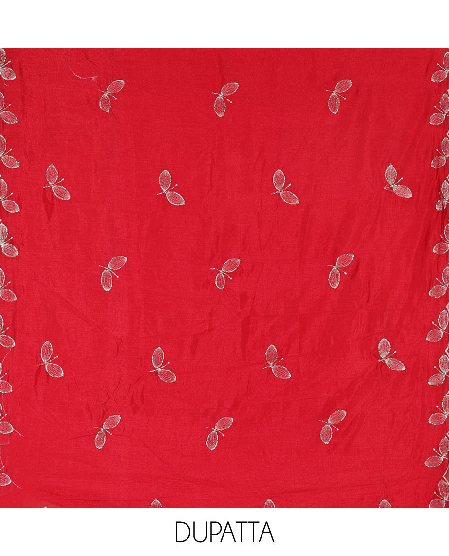 Magenta Material Chudidhar Set, Enlivened with an Floral Motifs Embroidered on its Vichitra Silk Top, Plain Santoon Bottom, and Vichitra Silk Dupatta of Leaf Motifs Embroidery