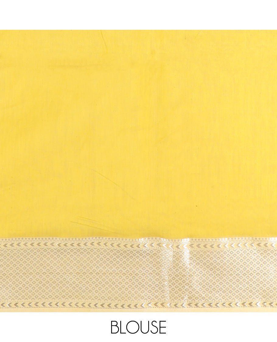 Yellow motifs maheswari cotton saree with self zari design border & striped, floral zari design pallu