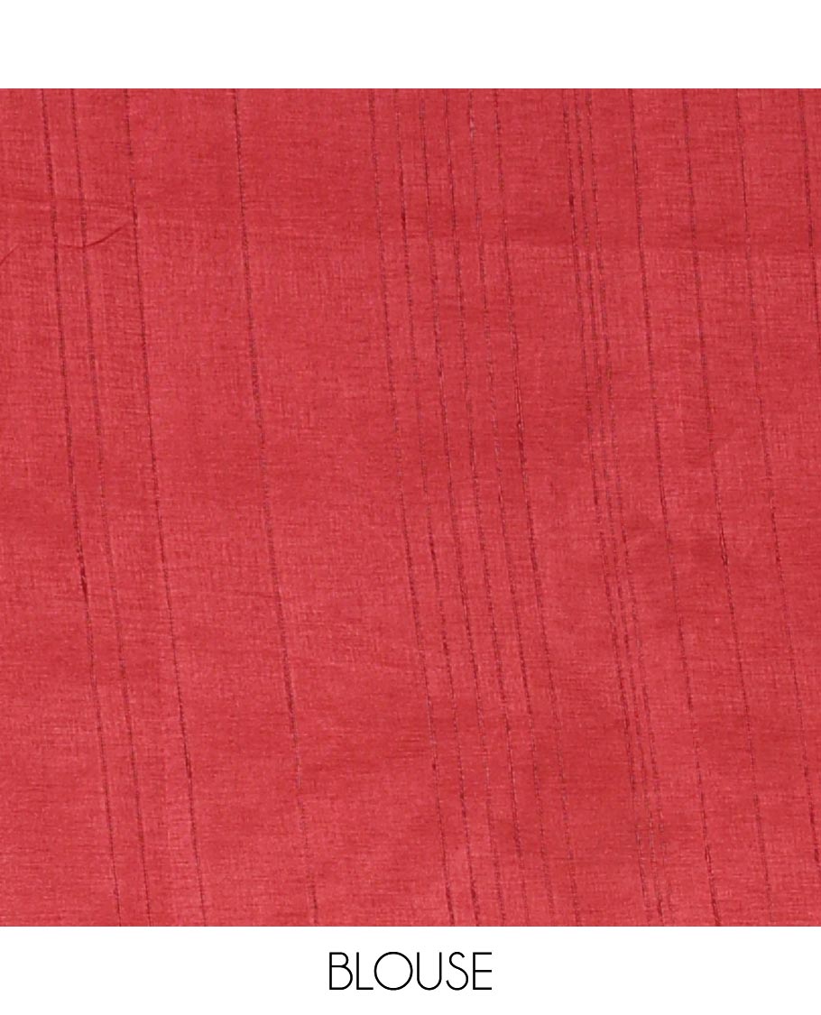 Borderless maroon shibori-printed jute tussar silk saree, contrast shibori-printed pallu & contrast blouse