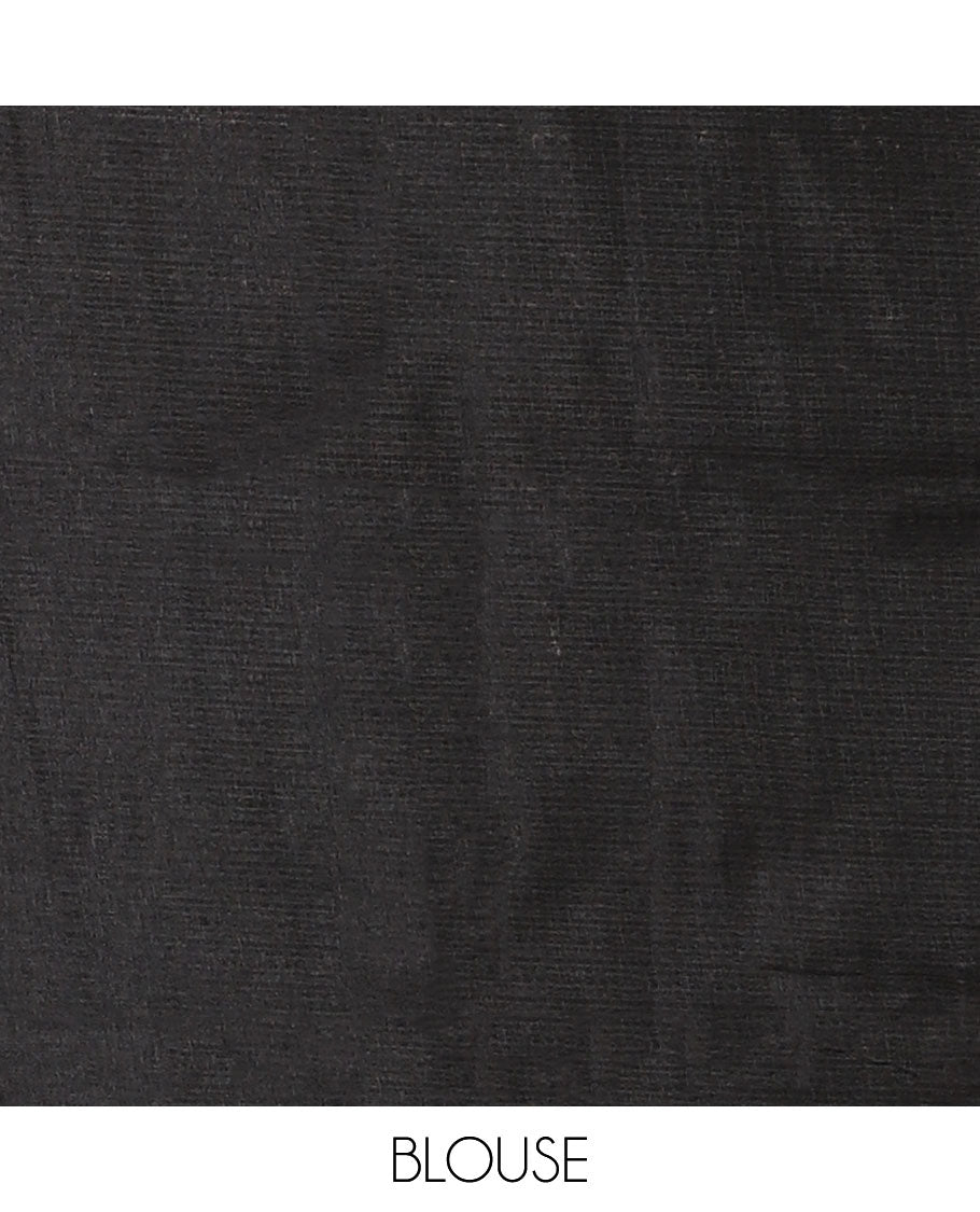Black-base plain body khadi cotton saree with batik-style pink-color radiant sunburst design on its border & pallu, plain black blouse