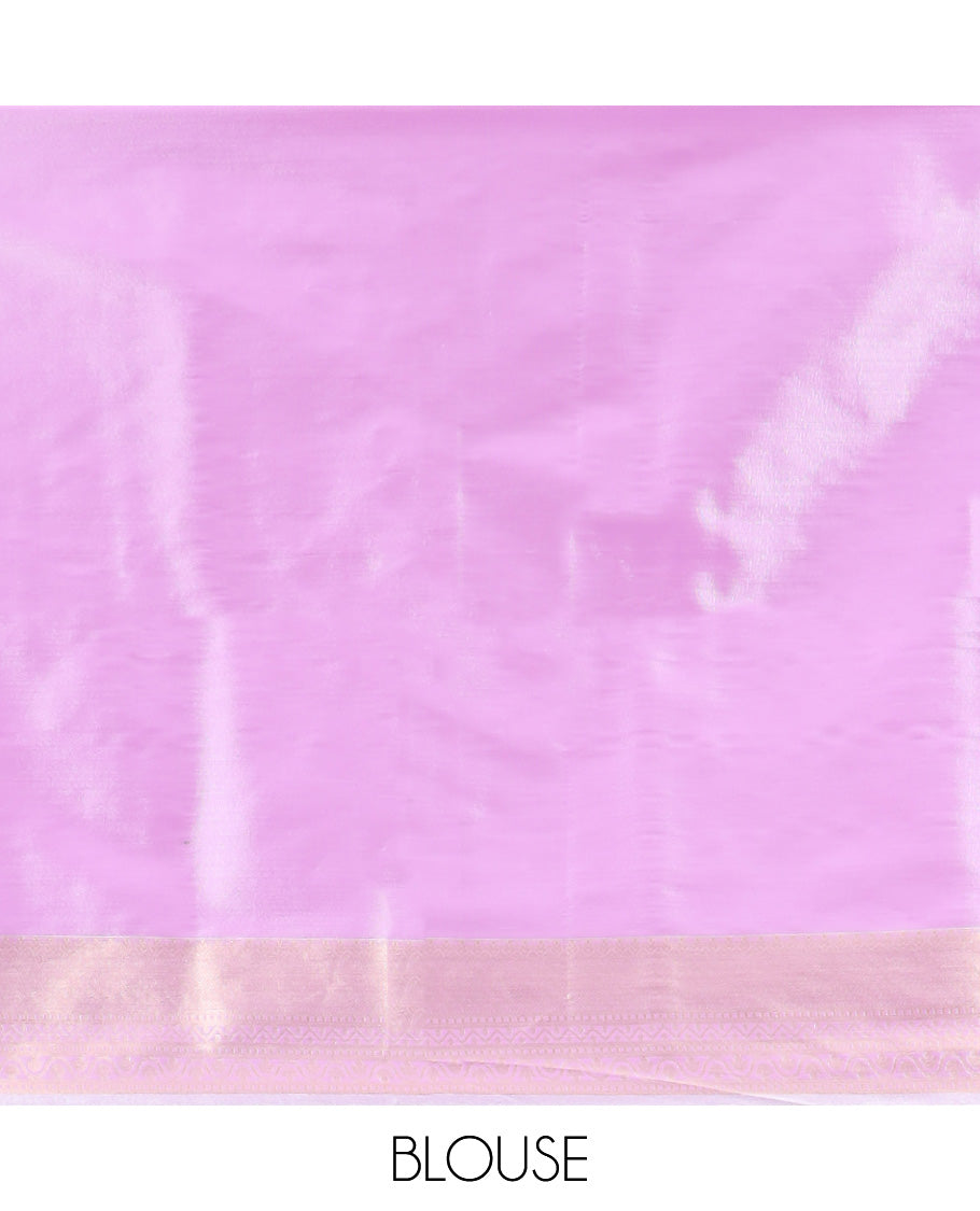 Pink striped floral design kora cotton saree with self zari design border & checked zari design pallu