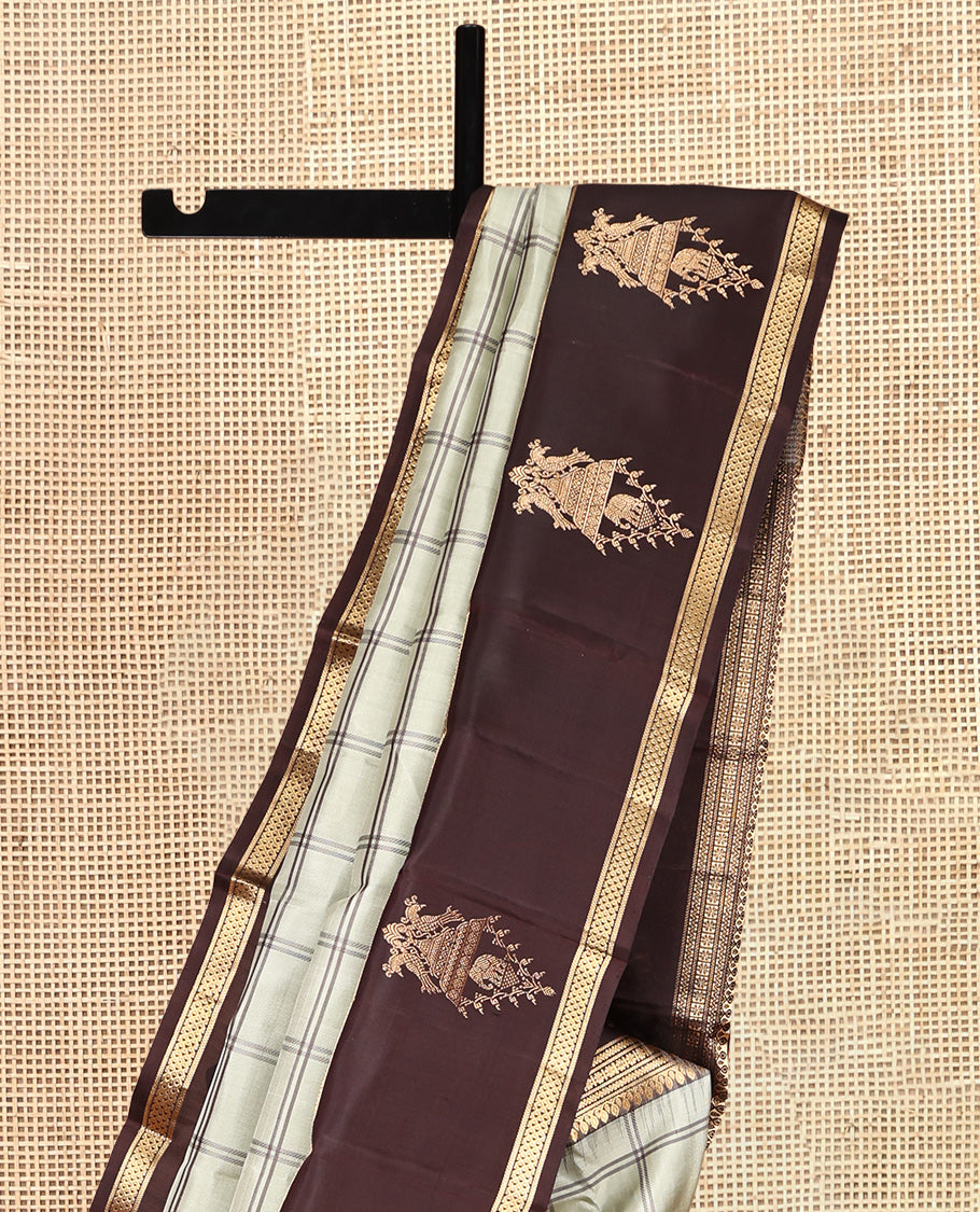 Light Beige Checked Kanchipuram Silk Saree, Complemented by a Contrast Border of Thilakam, Banaras, Neli, Kamalam, and Ara Maadam Designs, Grand Pallu, and a Contrast Blouse