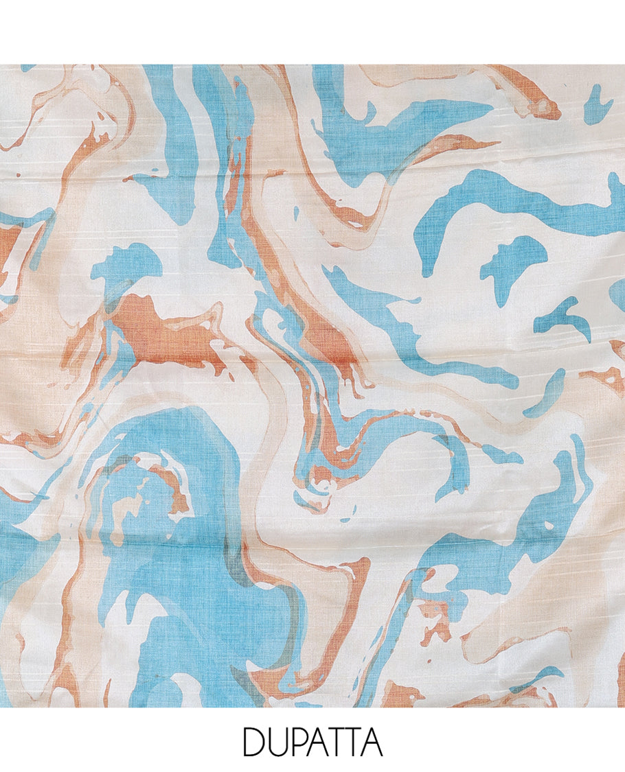 Rama Blue Semi-Bhagalpur Cotton Material Churidar Features Plain Top, a Santoon Bottom, and Contrast Abstract Printed Dupatta