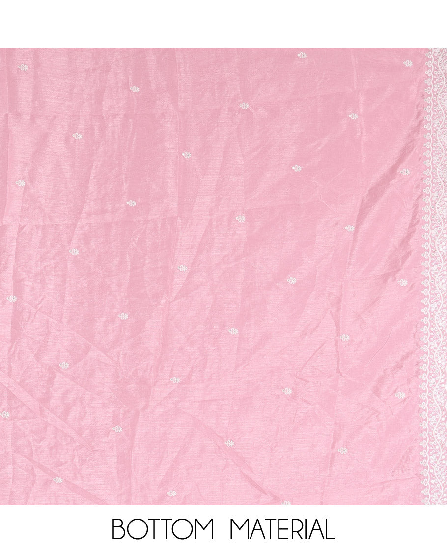 Pink Material Chudidar Set, Delicately Woven with Thread Embroidered Motifs Woven on Mul Chanderi Top, a Mul Chanderi Bottom, Paired with Thread-Embroidered Mul Chanderi Scallop-Bordered Dupatta