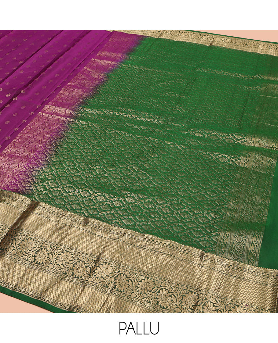 Purple Vasundhara Lite Silk Mix Saree, Adorned with Zari Buttas All Over Its Body, Complemented by a Contrast Border of Rekku, Muthu, Vanki, Kodi Visiry, and Laddu Kamalam Designs, Gracefully Embellished Pallu, and Paired with a Contrast Blouse