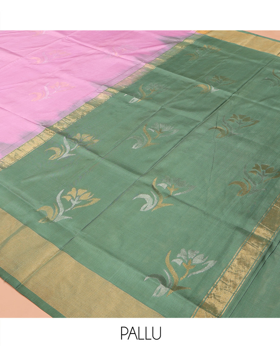 Pink Uppada Silk Saree, Detailed with Zari Buttas All Over Its Body, Complemented by a Contrast Plain Border, Pallu Steeped with Buttas, and Paired with a Contrast Blouse