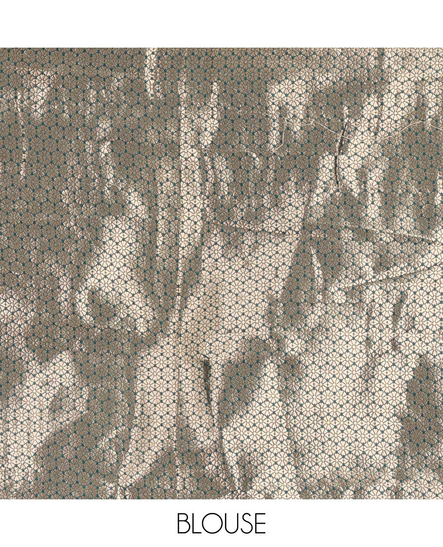 Cream-ramar blue semi-banaras half-saree, floral jaal jacquard & contrast traditional zari border skirt, floral jacquard blouse & contrast zari design blouse